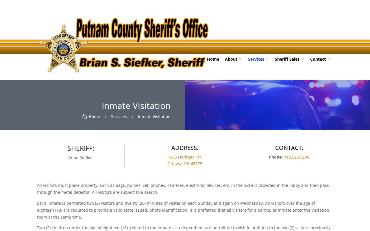 Putnam County Jail custody record source on the official visitation page