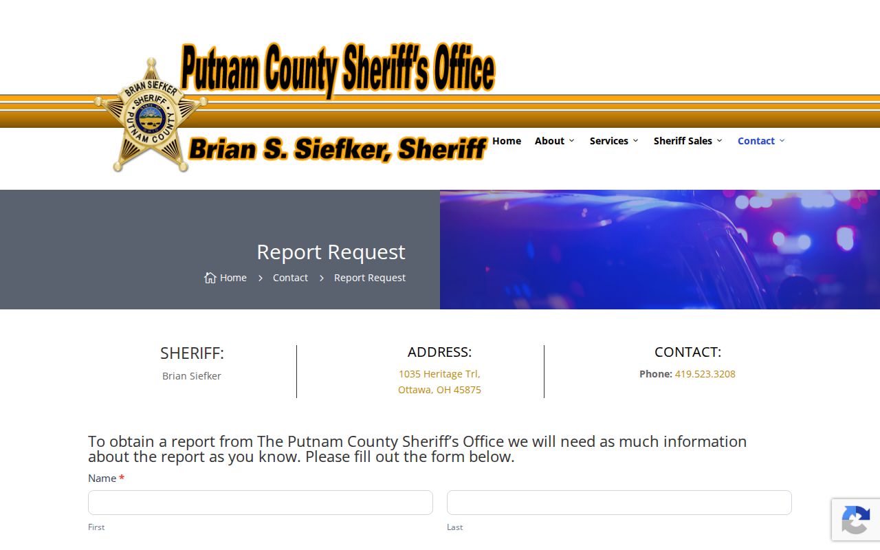 Putnam County booking record request pathway on the Sheriff site