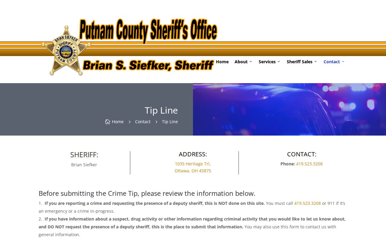 Putnam County wanted-person tip record on the official Sheriff contact page