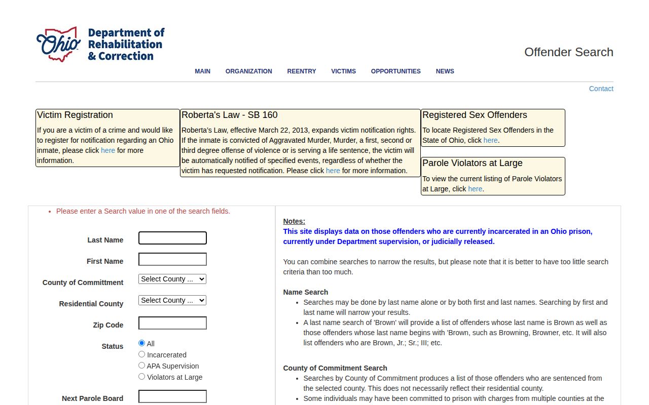 Ohio state offender record search for Putnam County custody transitions